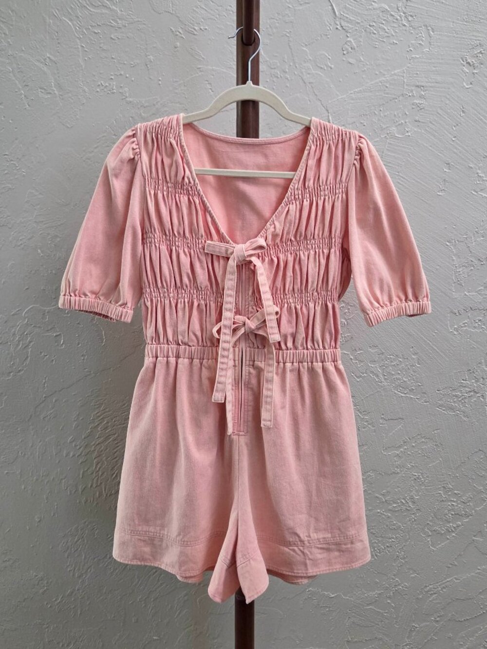 R78. Women's‎ Smocked Denim Romper With Bow Ties